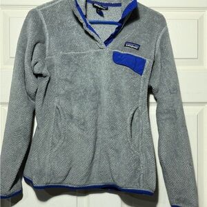Patagonia Gray Fleece Pullover with Blue Trim and Pocket Accent